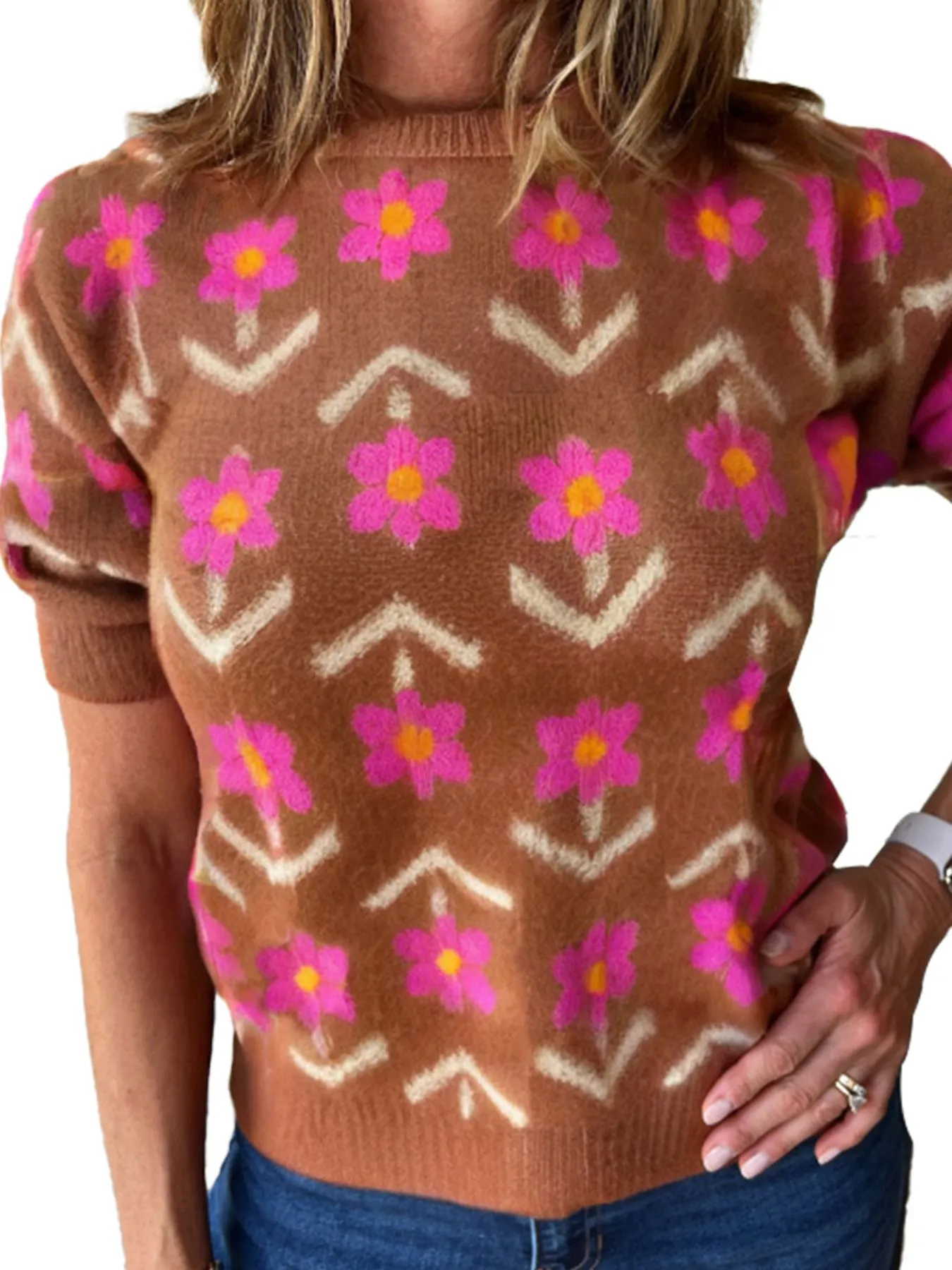 Floral Pattern Short Sleeve Sweater - Image 4