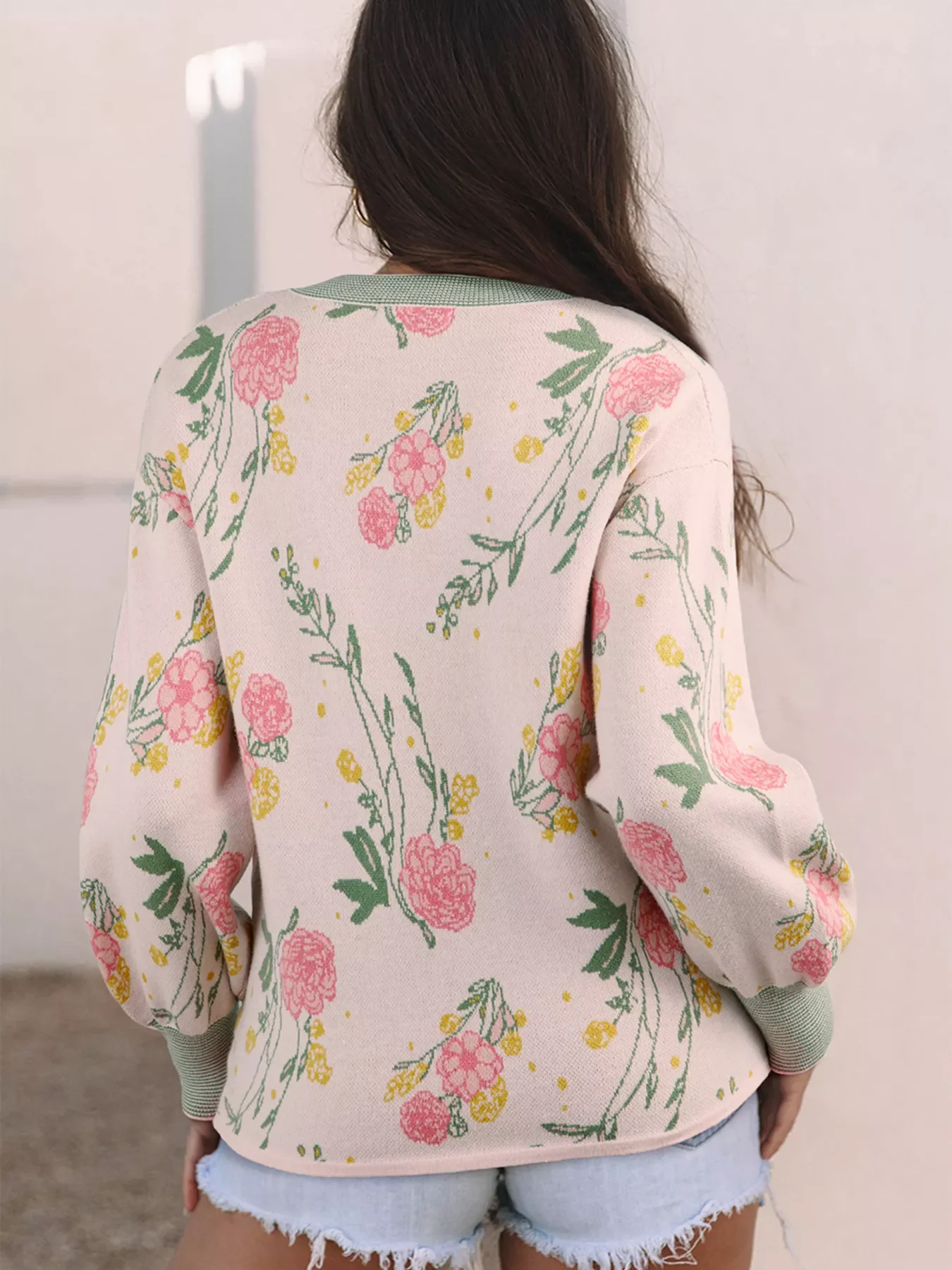 Floral Pattern Striped V Neck Loose Sweater - Image 2