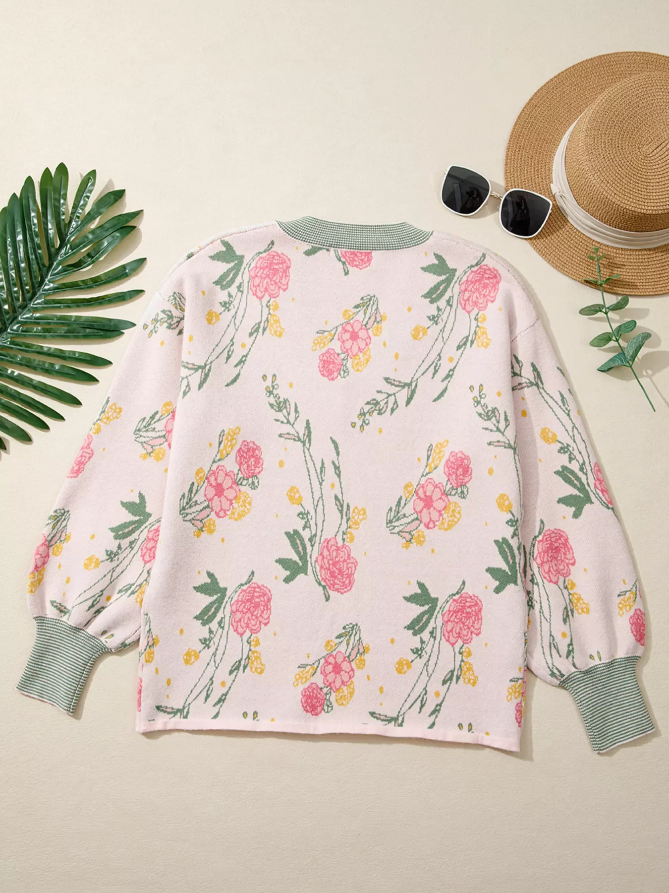 Floral Pattern Striped V Neck Loose Sweater - Image 4