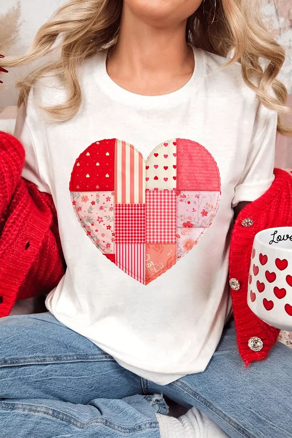 Floral Plaid Mixed Patchwork Heart-shape Graphic T Shirt - Image 3