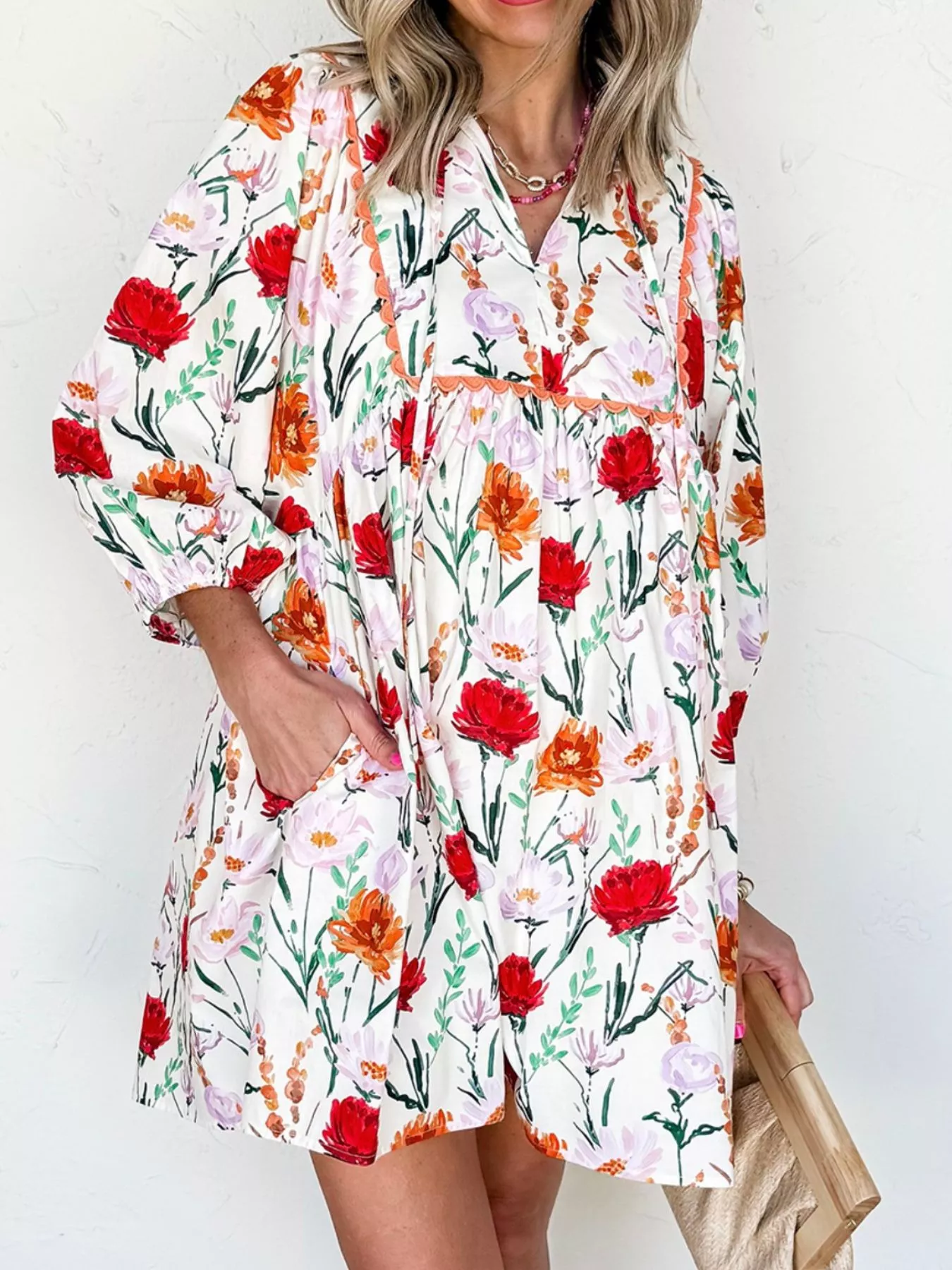 Floral Print 3/4 Sleeve Mini Dress - Image 4