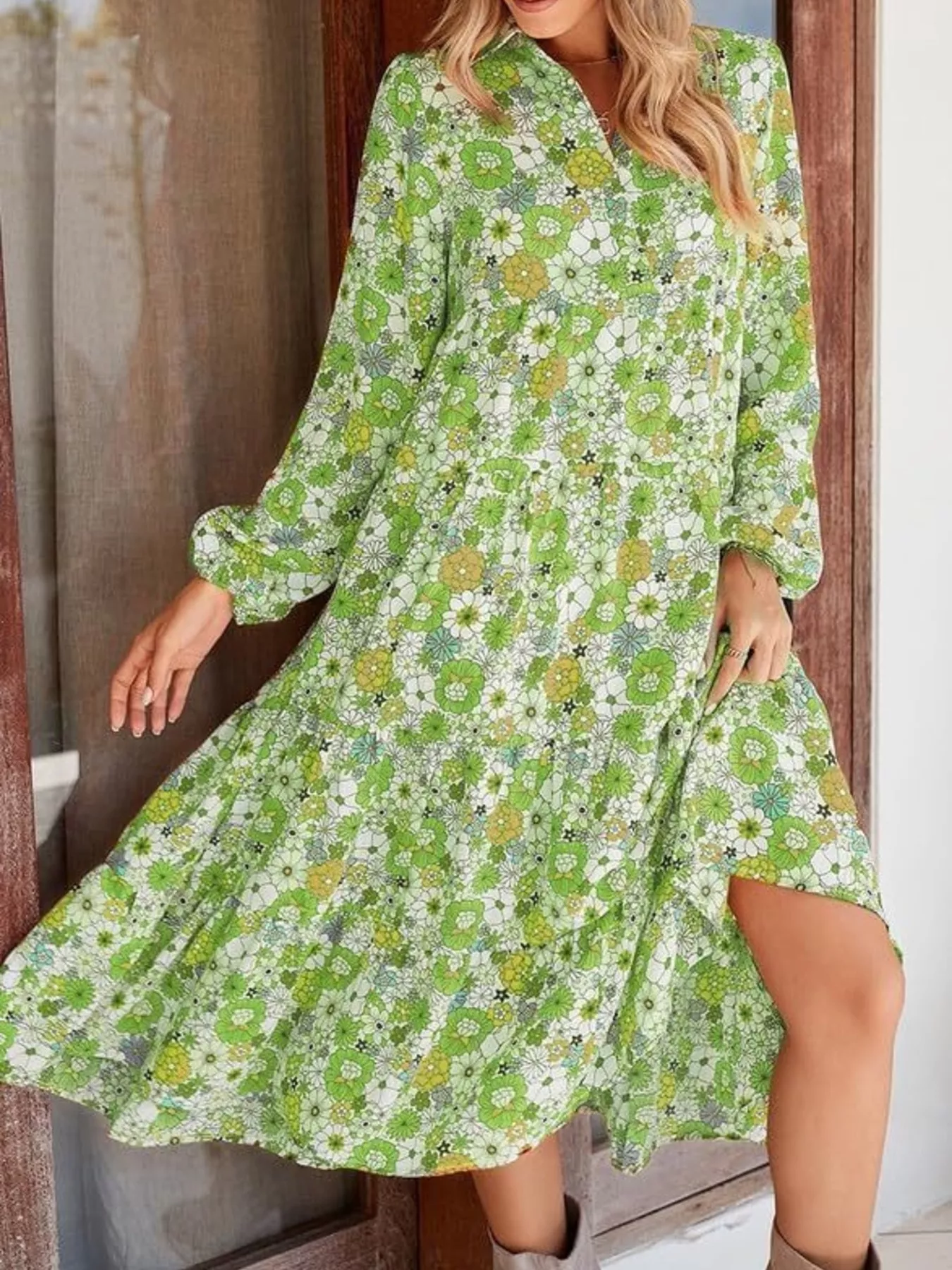 Floral Print Balloon Sleeve Midi Dress - Image 4