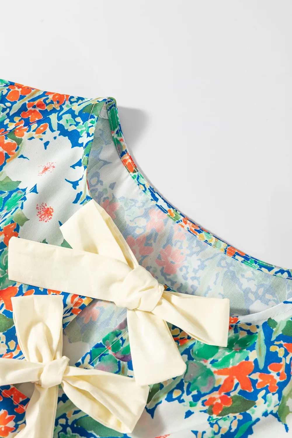 Floral Print Bow Applique Slit Sleeveless Peplum Blouse - Image 7