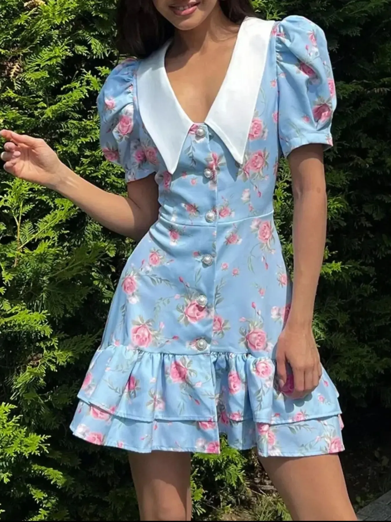 Floral Print Button-Front Ruffle Hem Dress - Image 6