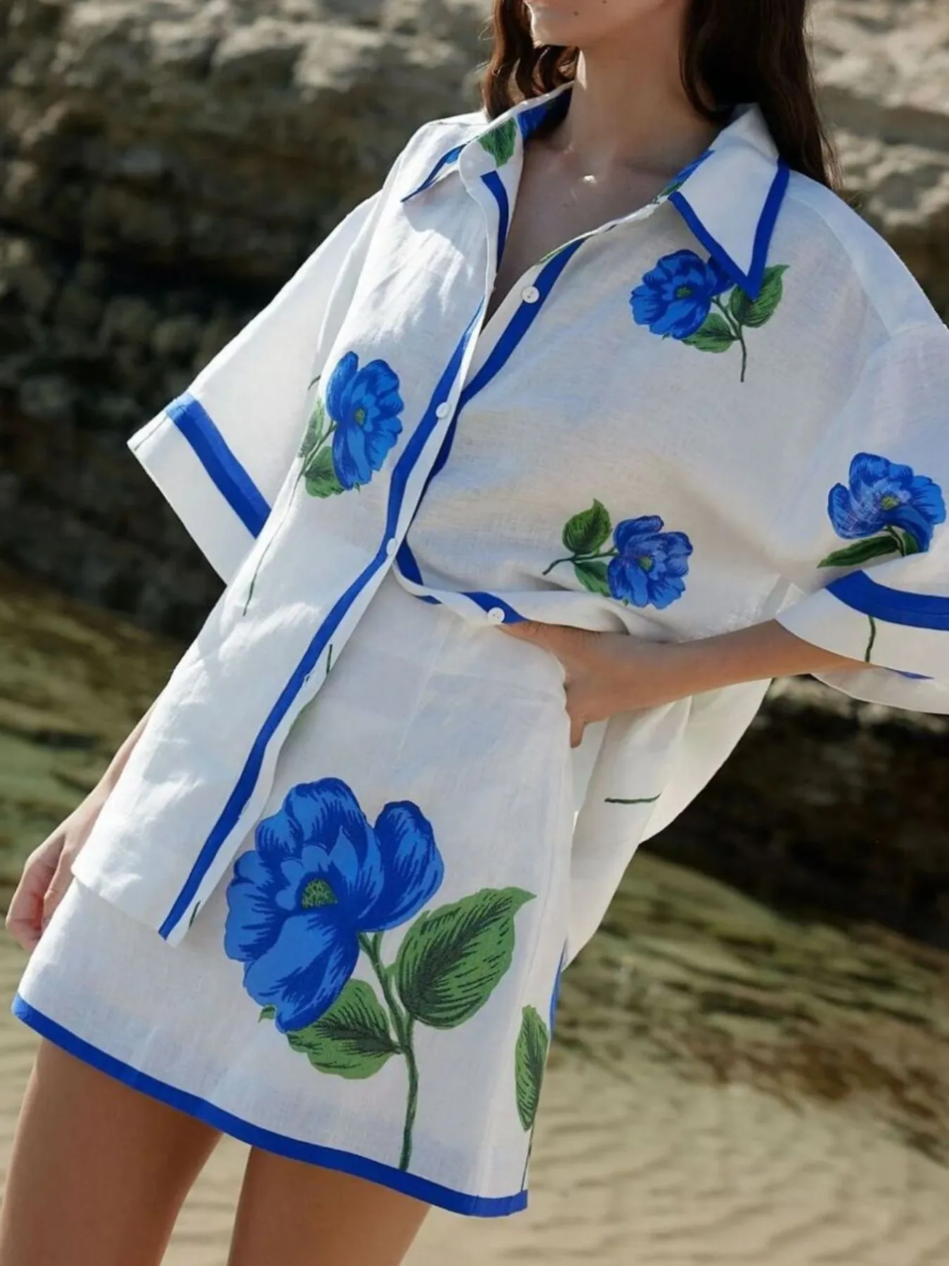 Floral Print Button-Up Shirt and Mini Skirt Set - Image 3