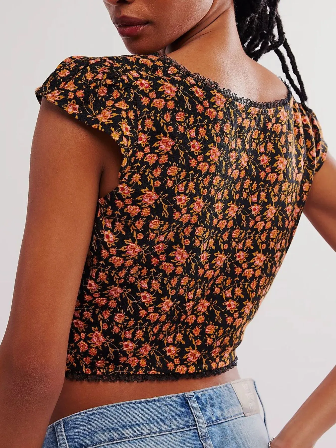 Floral Print Cap Sleeve Cropped Top - Image 3