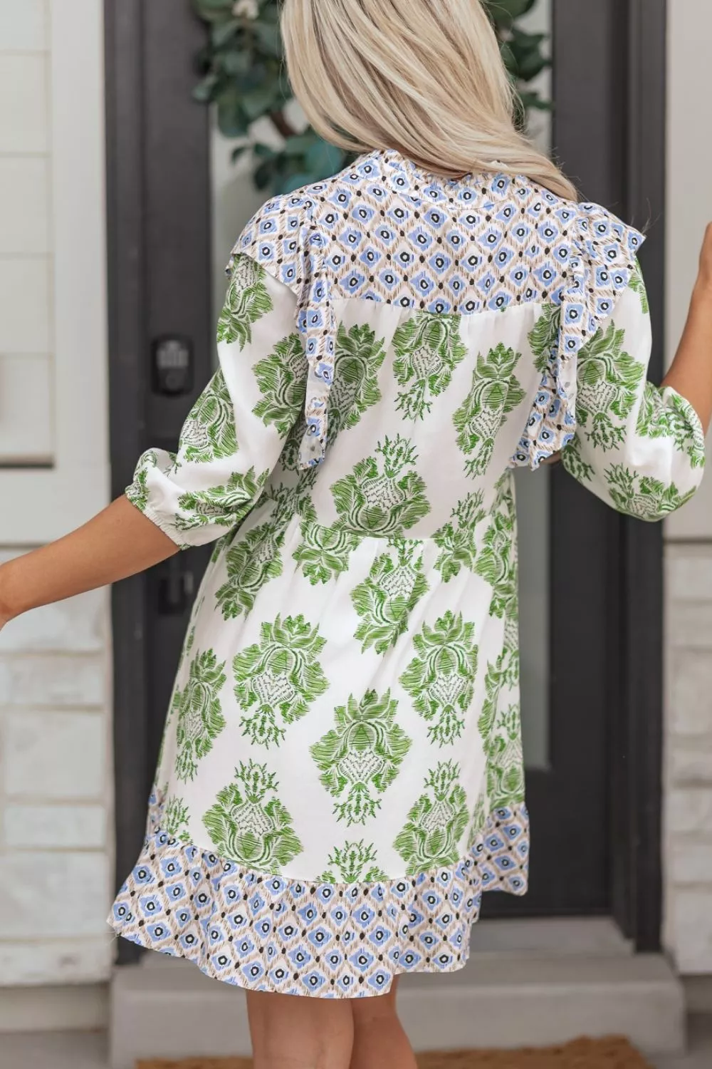 Floral Print Contrast Patchwork Ruffle Detail Mini Dress - Image 2