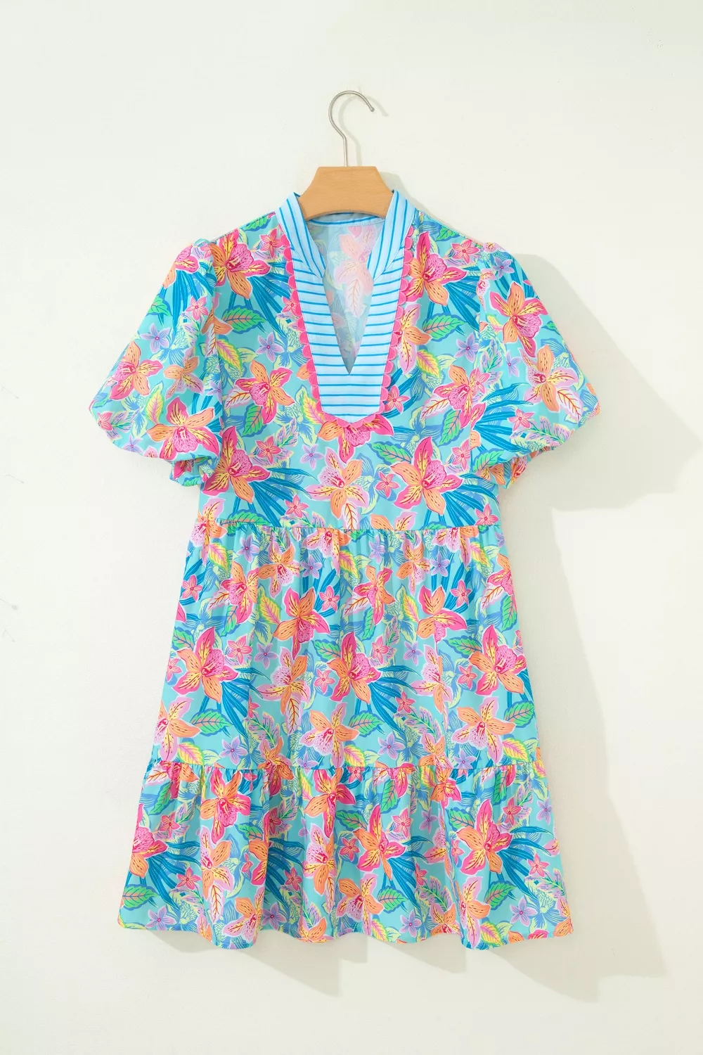 Floral Print Contrast Scallop Striped Trim V Neck Dress - Image 3
