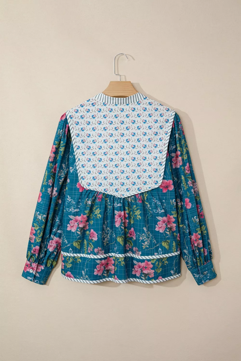 Floral Print Contrast Yoke Patchwork Striped Trim Long Puff Sleeve Blouse - Image 4