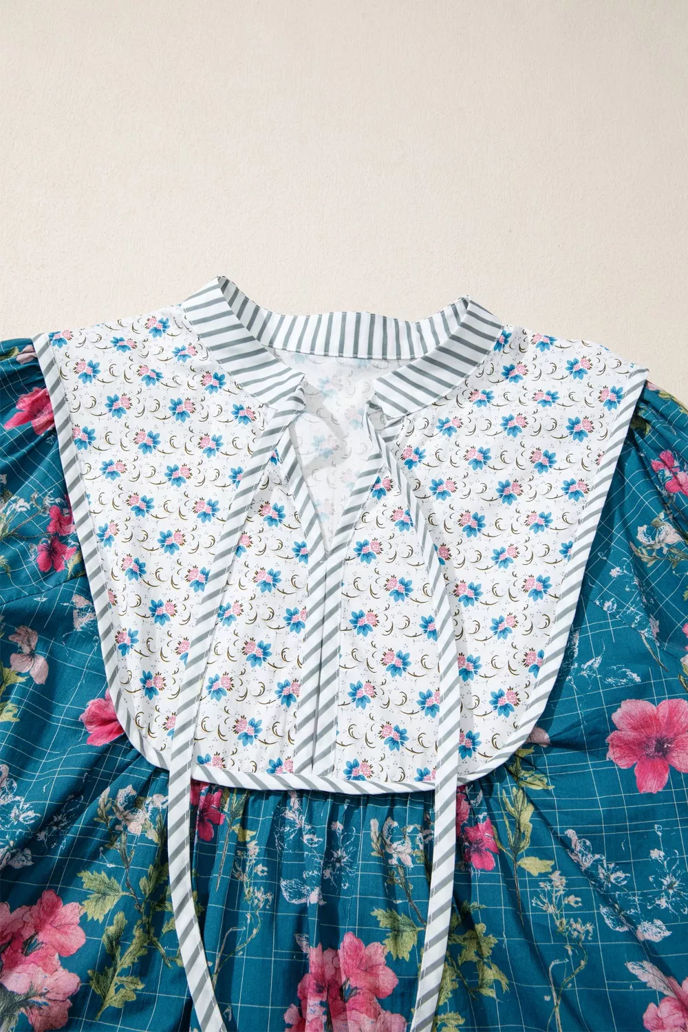 Floral Print Contrast Yoke Patchwork Striped Trim Long Puff Sleeve Blouse - Image 5