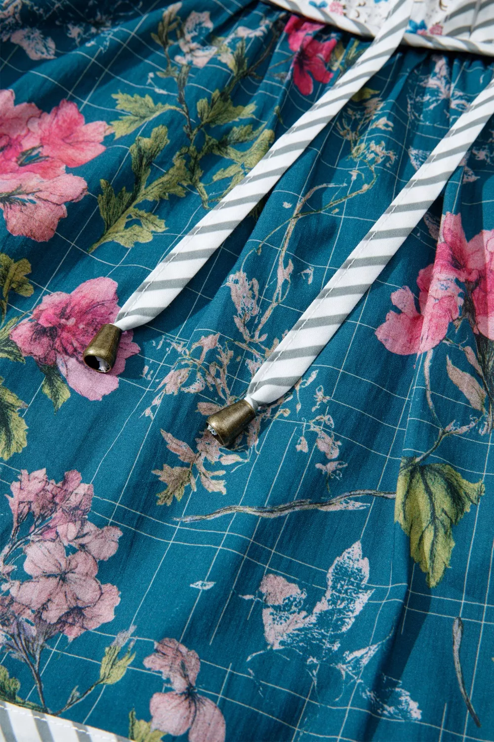 Floral Print Contrast Yoke Patchwork Striped Trim Long Puff Sleeve Blouse - Image 6