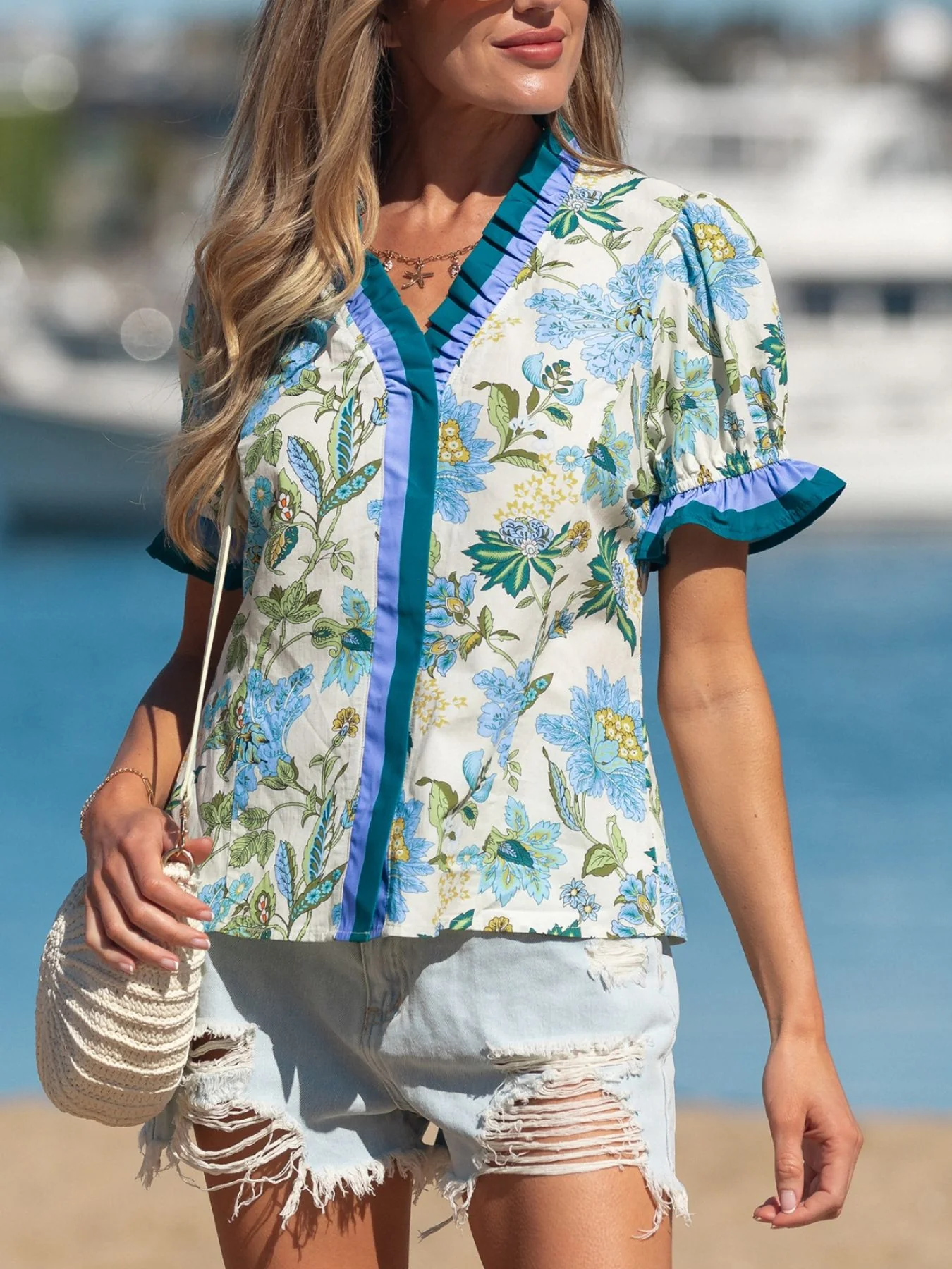 Floral Print Contrasted Frilled Striped Trim Short Sleeve Blouse - Image 3