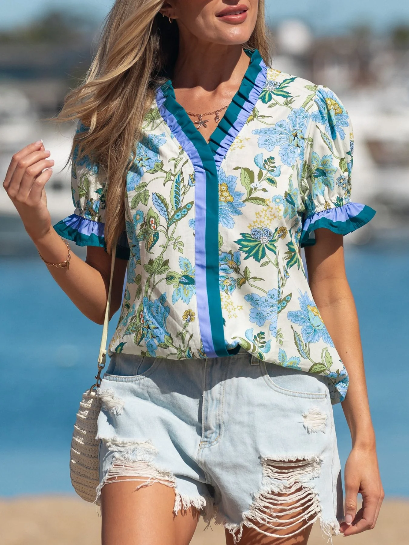 Floral Print Contrasted Frilled Striped Trim Short Sleeve Blouse - Image 4