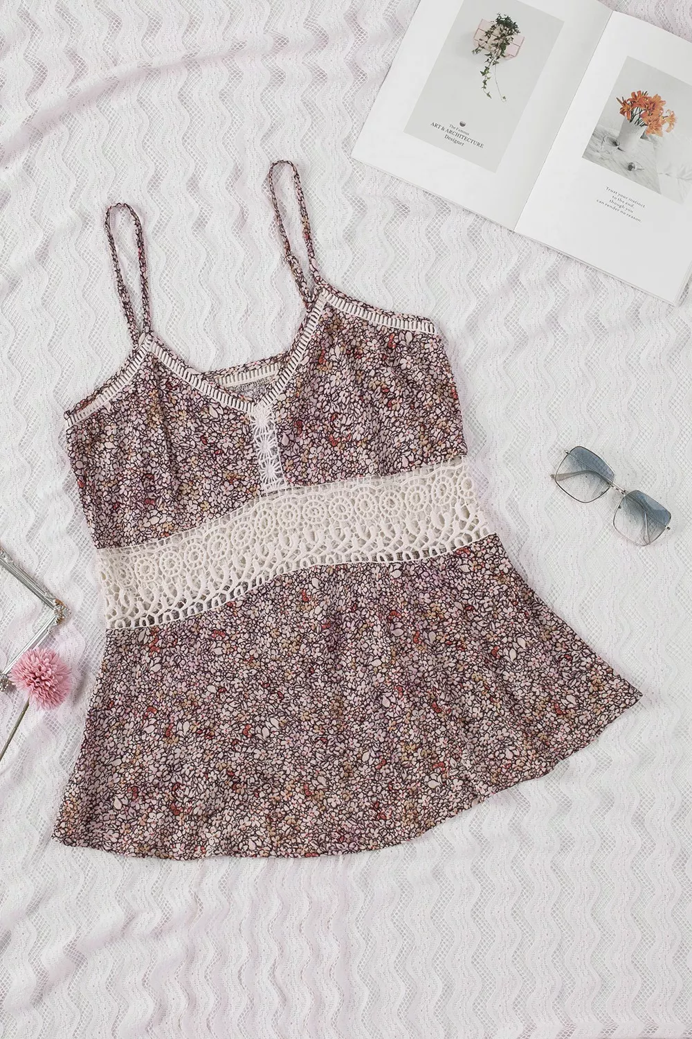 Floral Print Crochet Trim Cami with Spaghetti Straps - Image 5