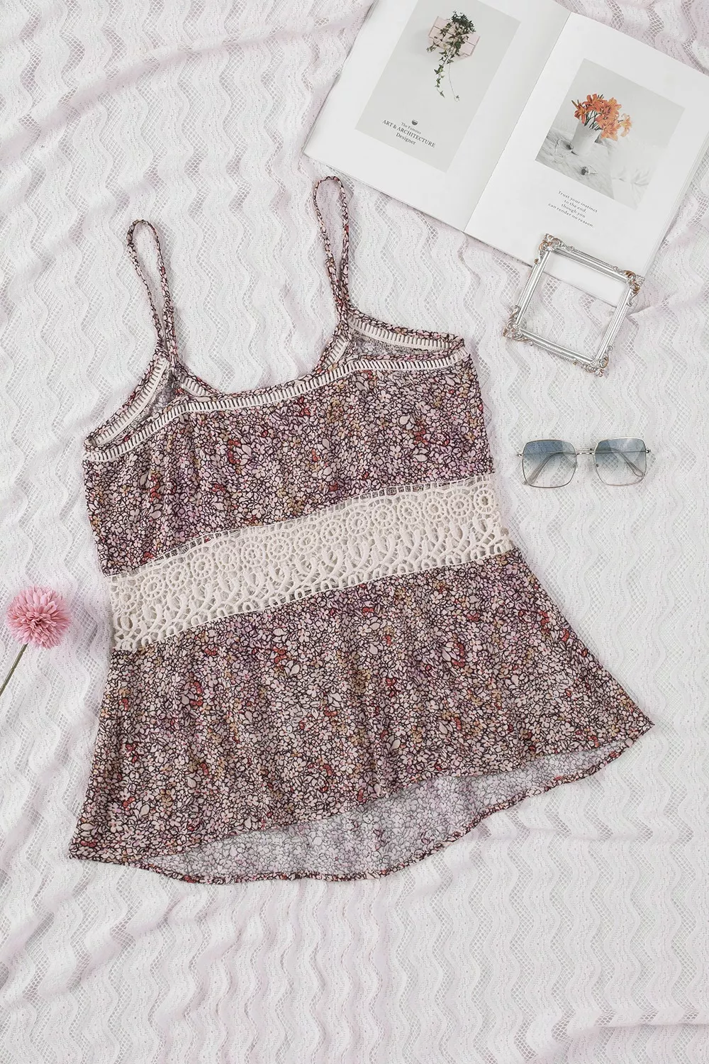 Floral Print Crochet Trim Cami with Spaghetti Straps - Image 6