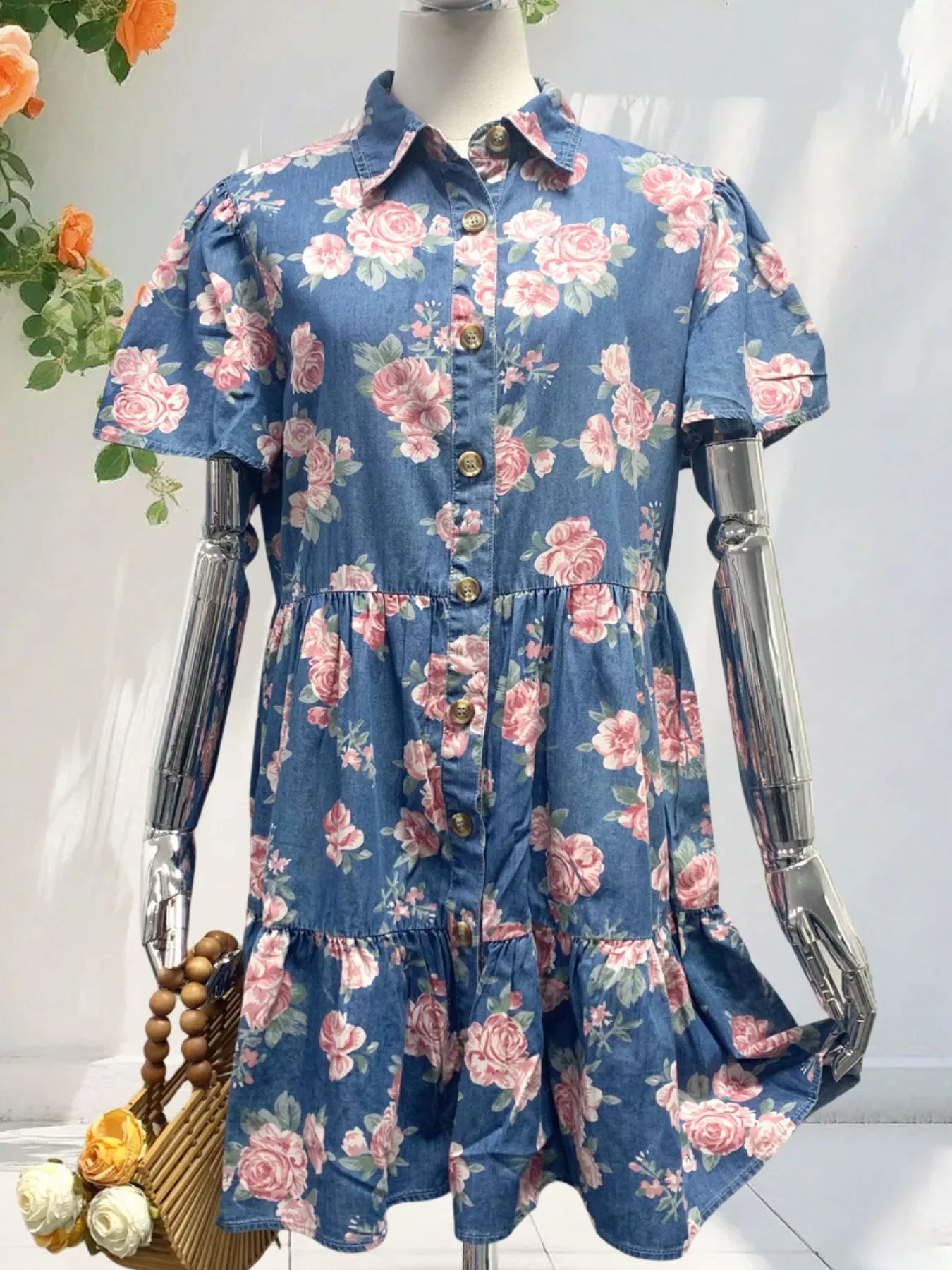 Floral Print Denim Button-Down Tiered Mini Dress - Image 6