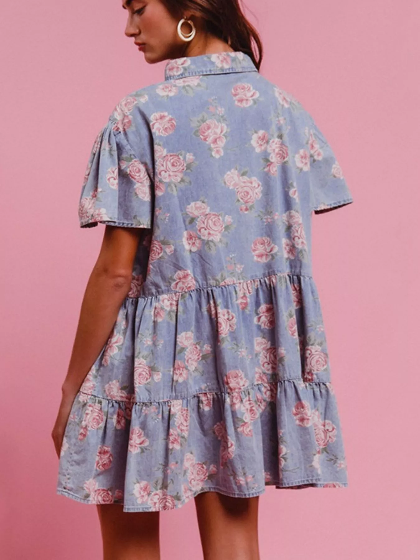 Floral Print Denim Button-Down Tiered Mini Dress - Image 9