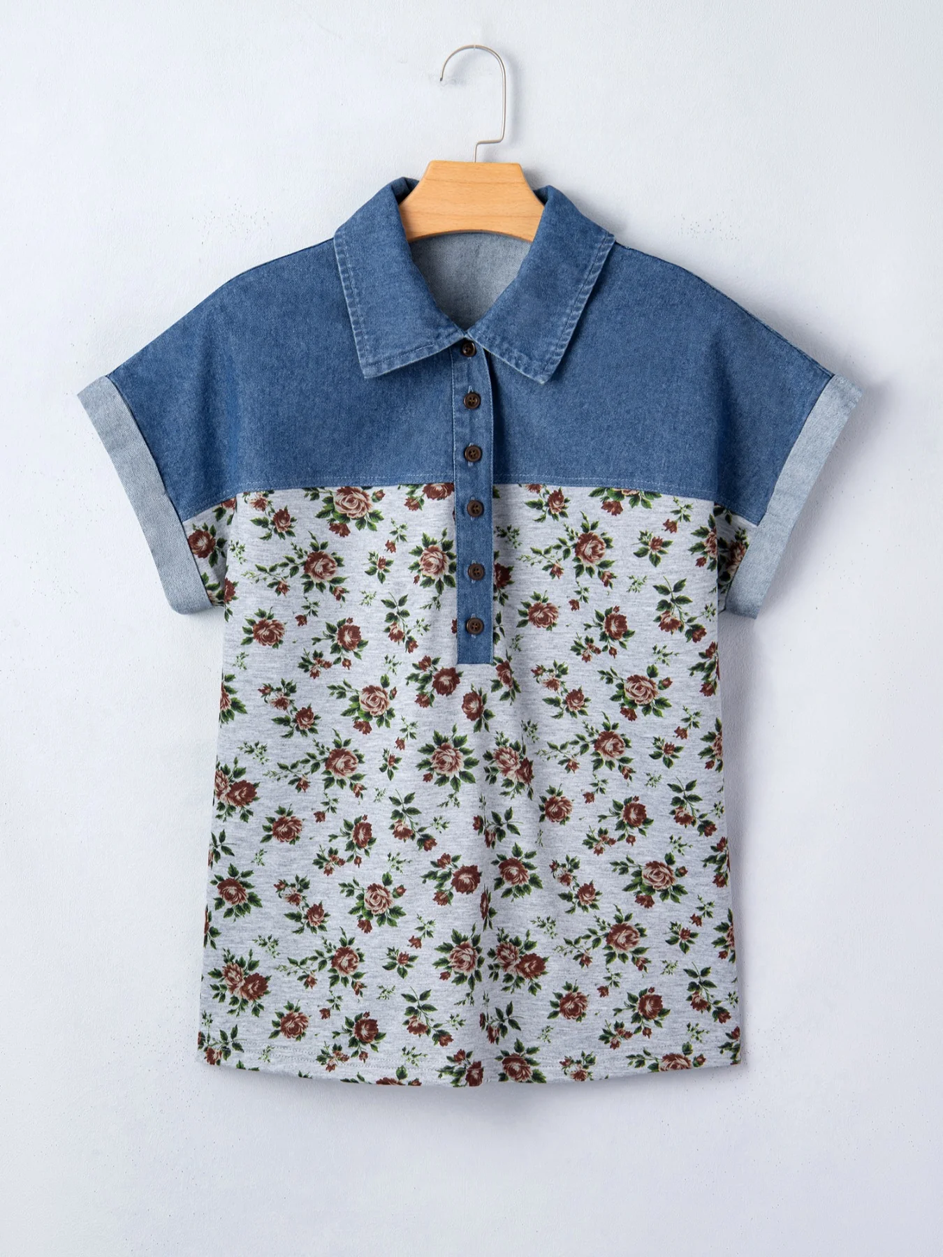 Floral Print Denim Patchwork Blouse - Image 2