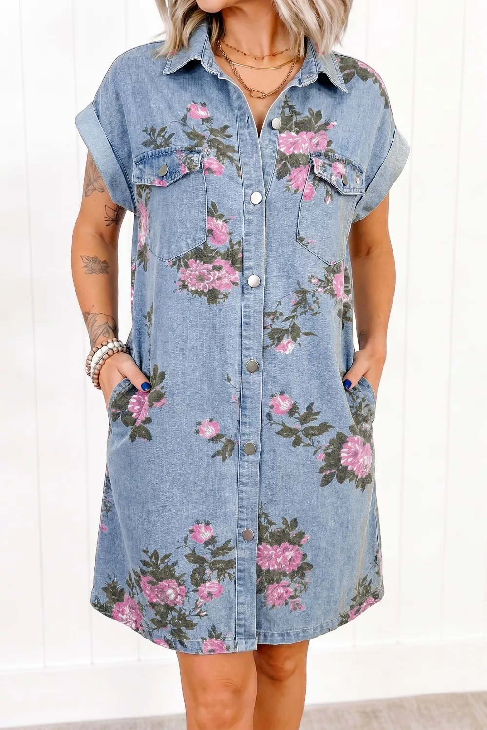 Floral Print Denim Shirt Dress - Image 3