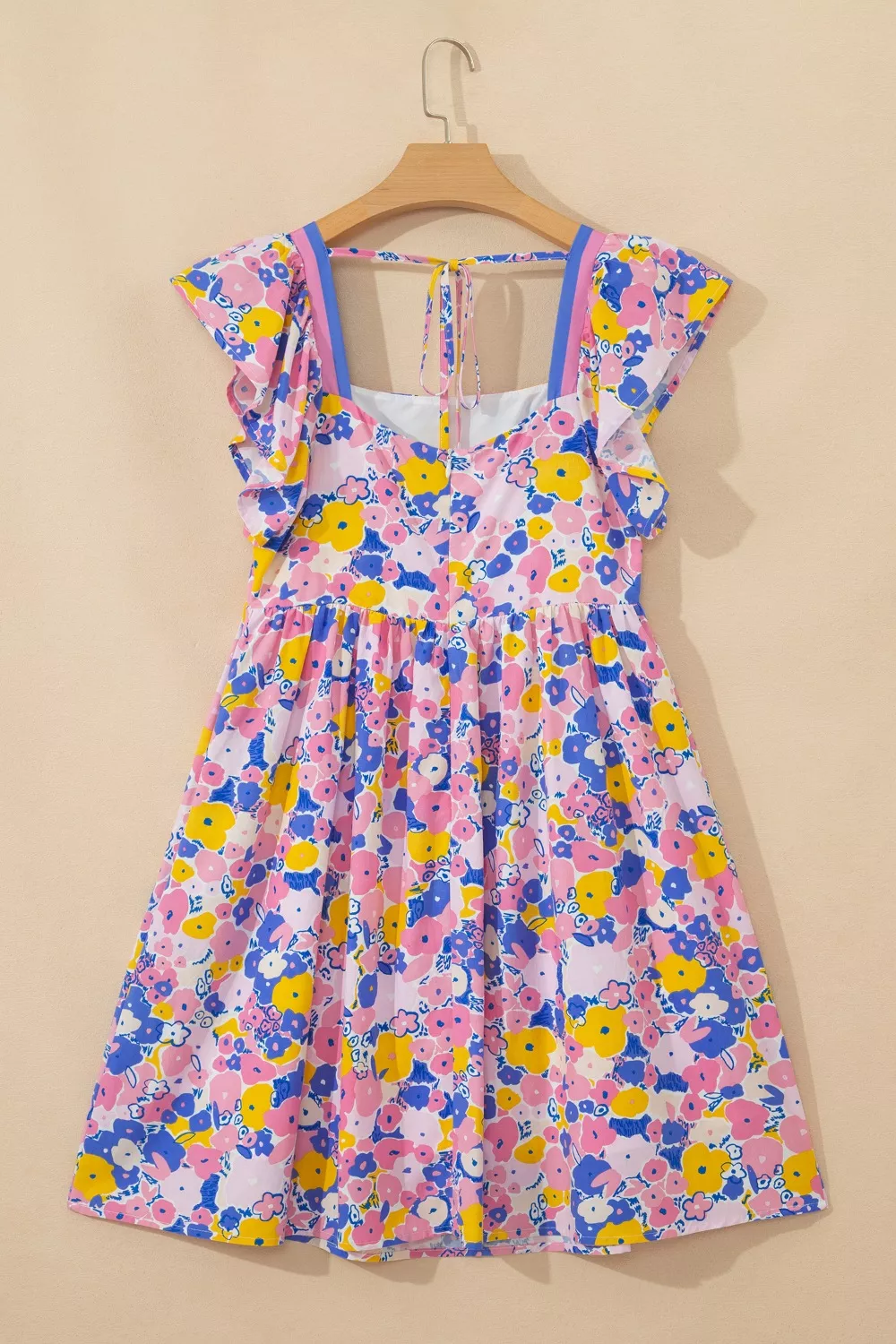Floral Print Flutter Sleeve Striped Trim Square Neck Loose Mini Dress - Image 6