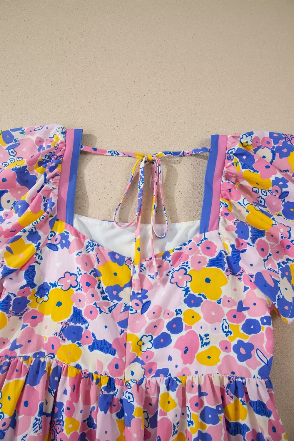 Floral Print Flutter Sleeve Striped Trim Square Neck Loose Mini Dress - Image 8