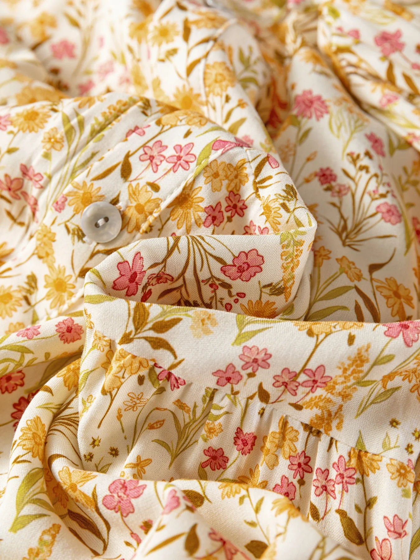 Floral Print Frilly Trim Smocked Cuff Long Sleeve Loose Shirt Dress - Image 15