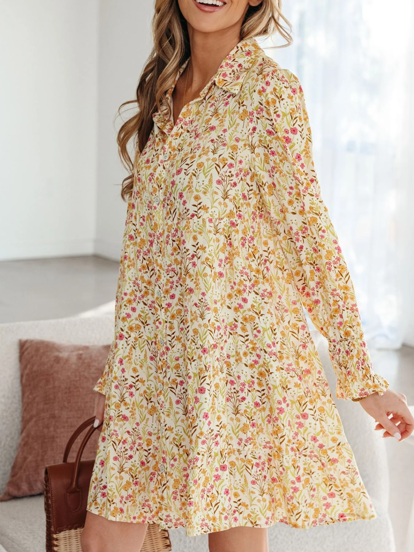 Floral Print Frilly Trim Smocked Cuff Long Sleeve Loose Shirt Dress - Image 5