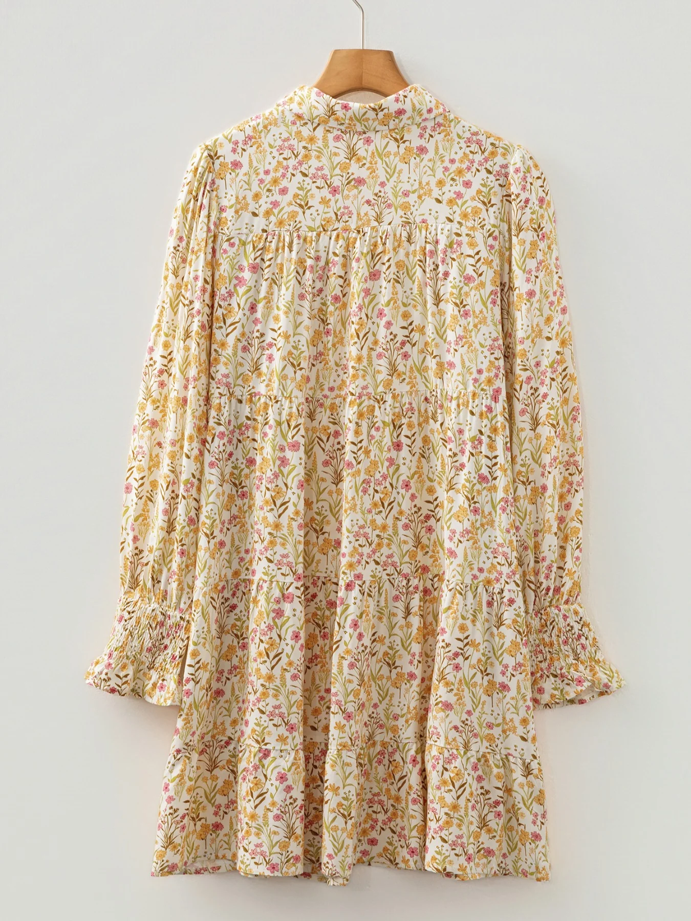 Floral Print Frilly Trim Smocked Cuff Long Sleeve Loose Shirt Dress - Image 7