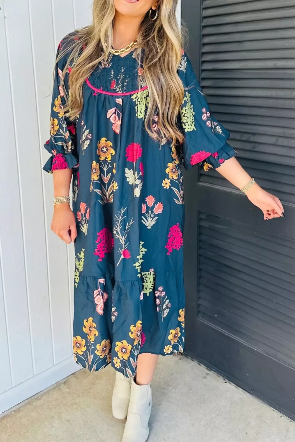 Floral Print Gathered Neckline 7/8 Sleeve Casual Midi Dress - Image 3