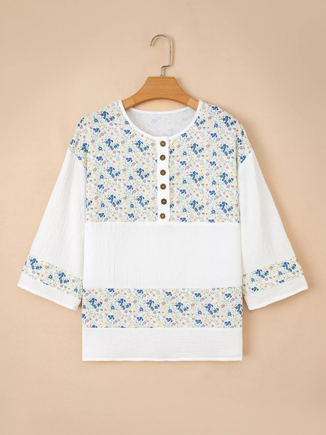 Floral Print Henley Button 3/4 Sleeve Blouse - Image 9