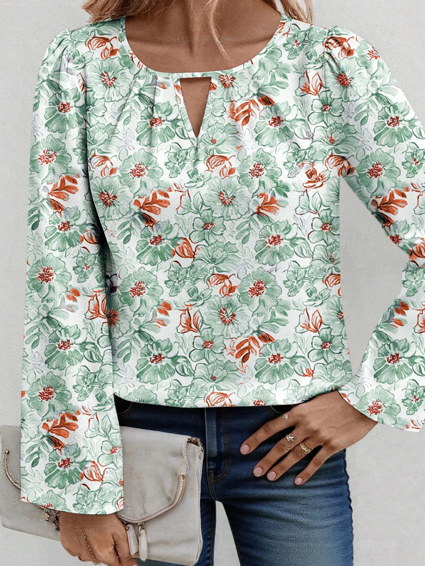 Floral Print Keyhole Neck Blouse - Image 8