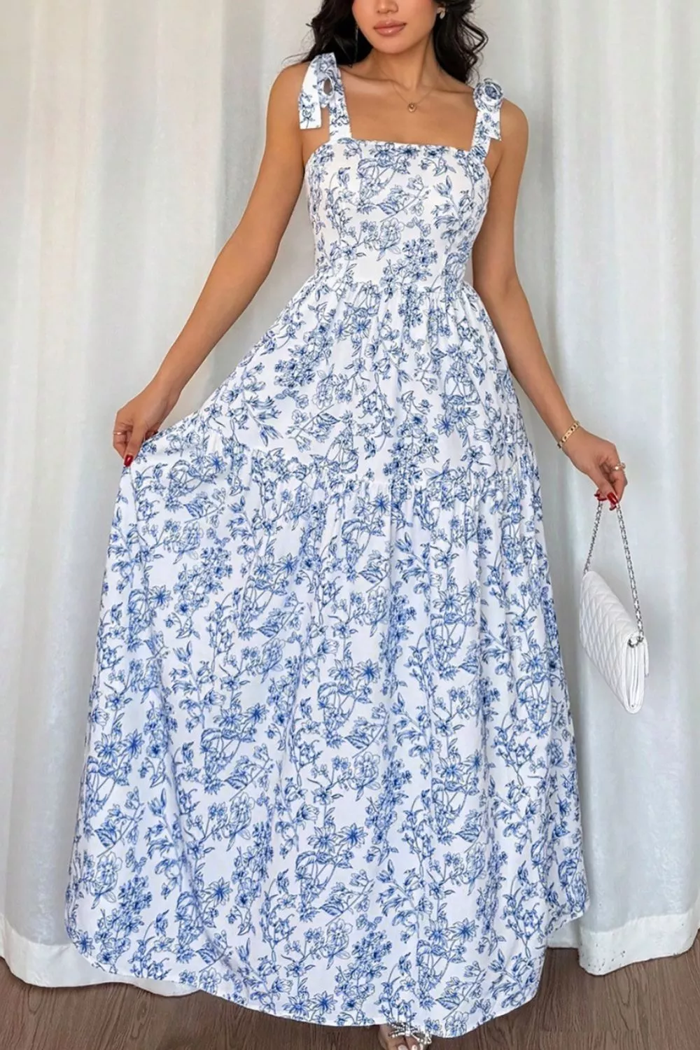 Floral Print Knot Straps High Waist Flared Maxi Dress - Image 5