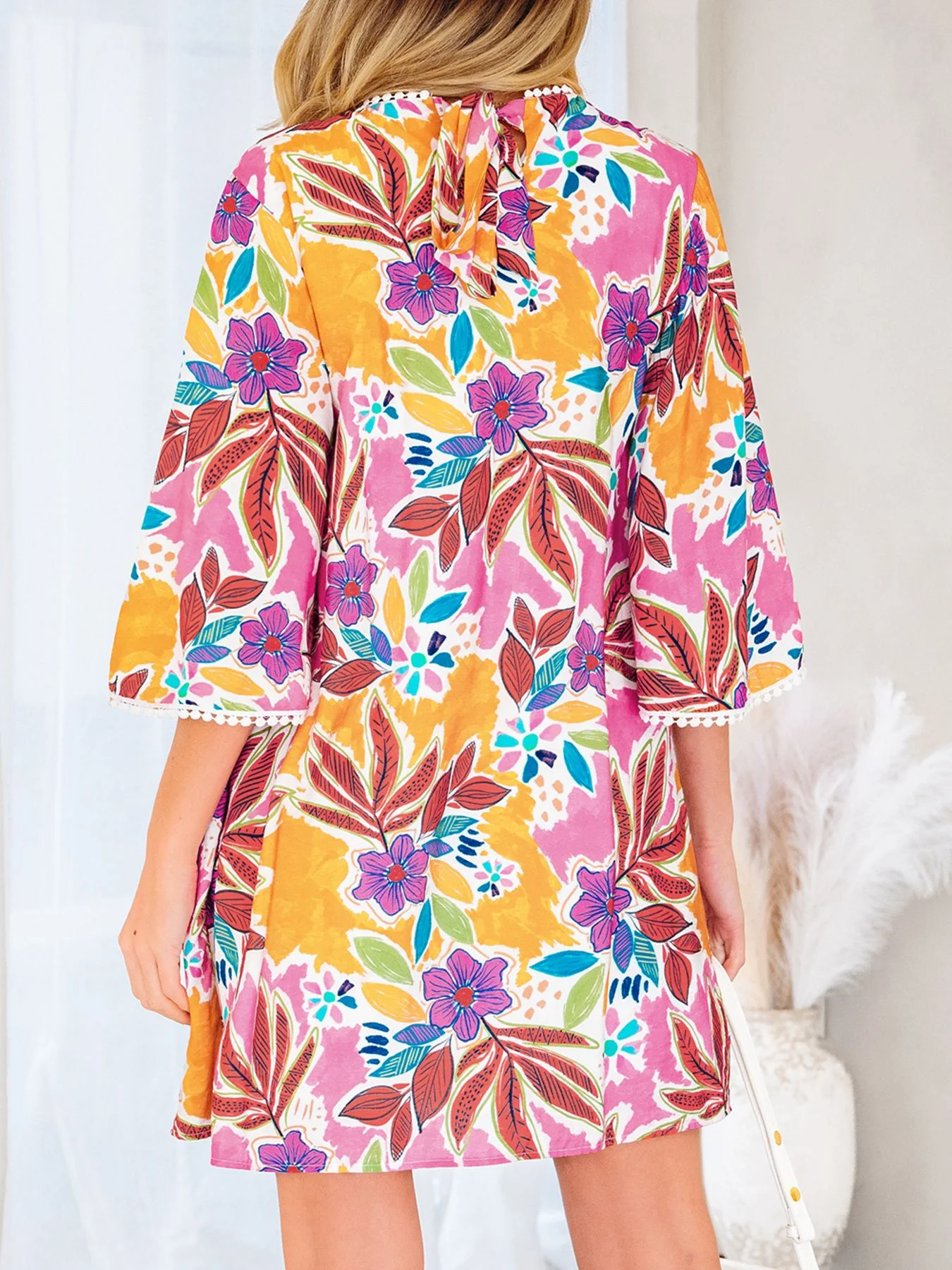 Floral Print Lace Trimmed Tie Back Bell Sleeve Swing Mini Dress - Image 2