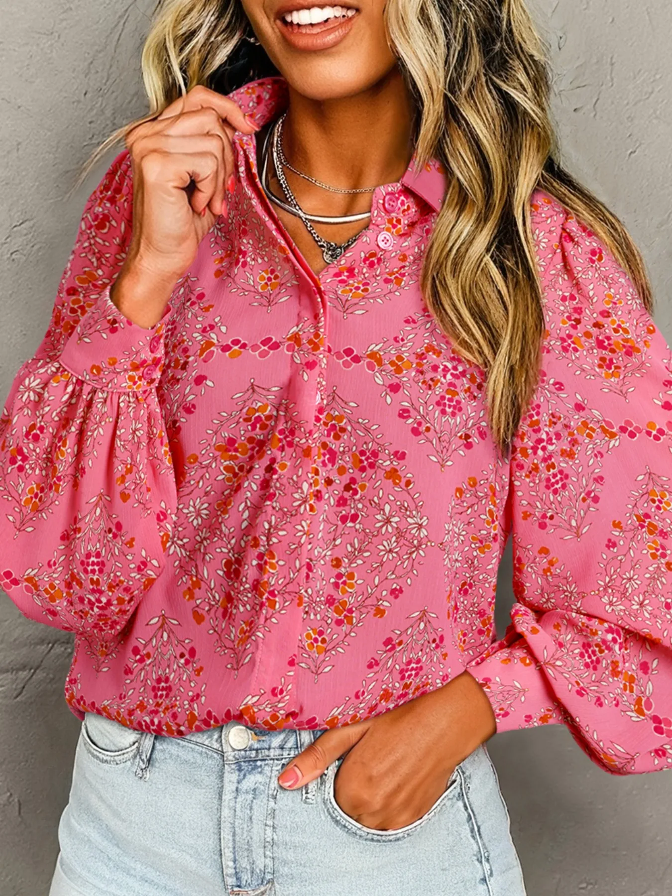 Floral Print Lantern Sleeve Loose Shirt - Image 8