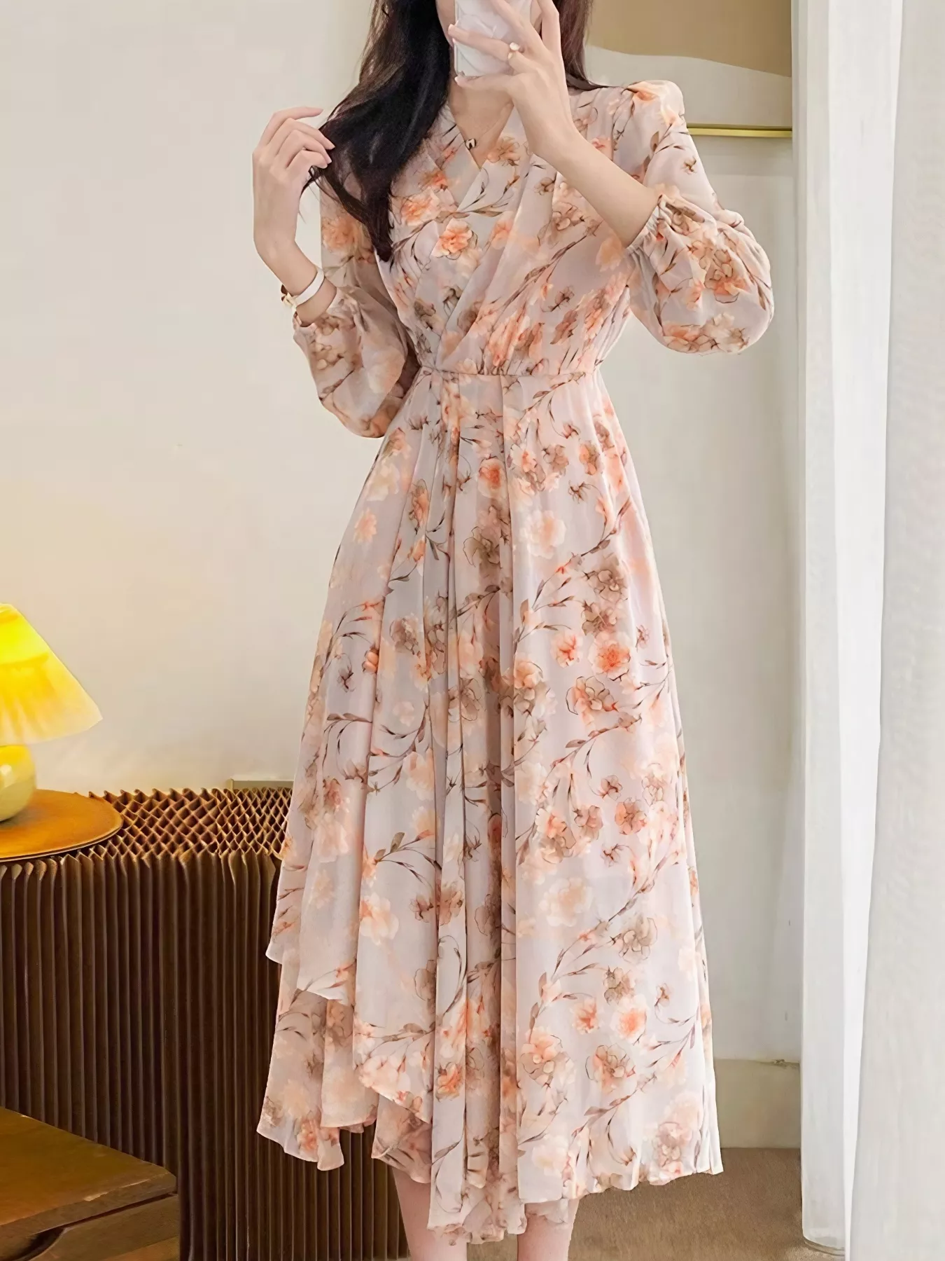 Floral Print Long Sleeve Midi Dress - Image 6