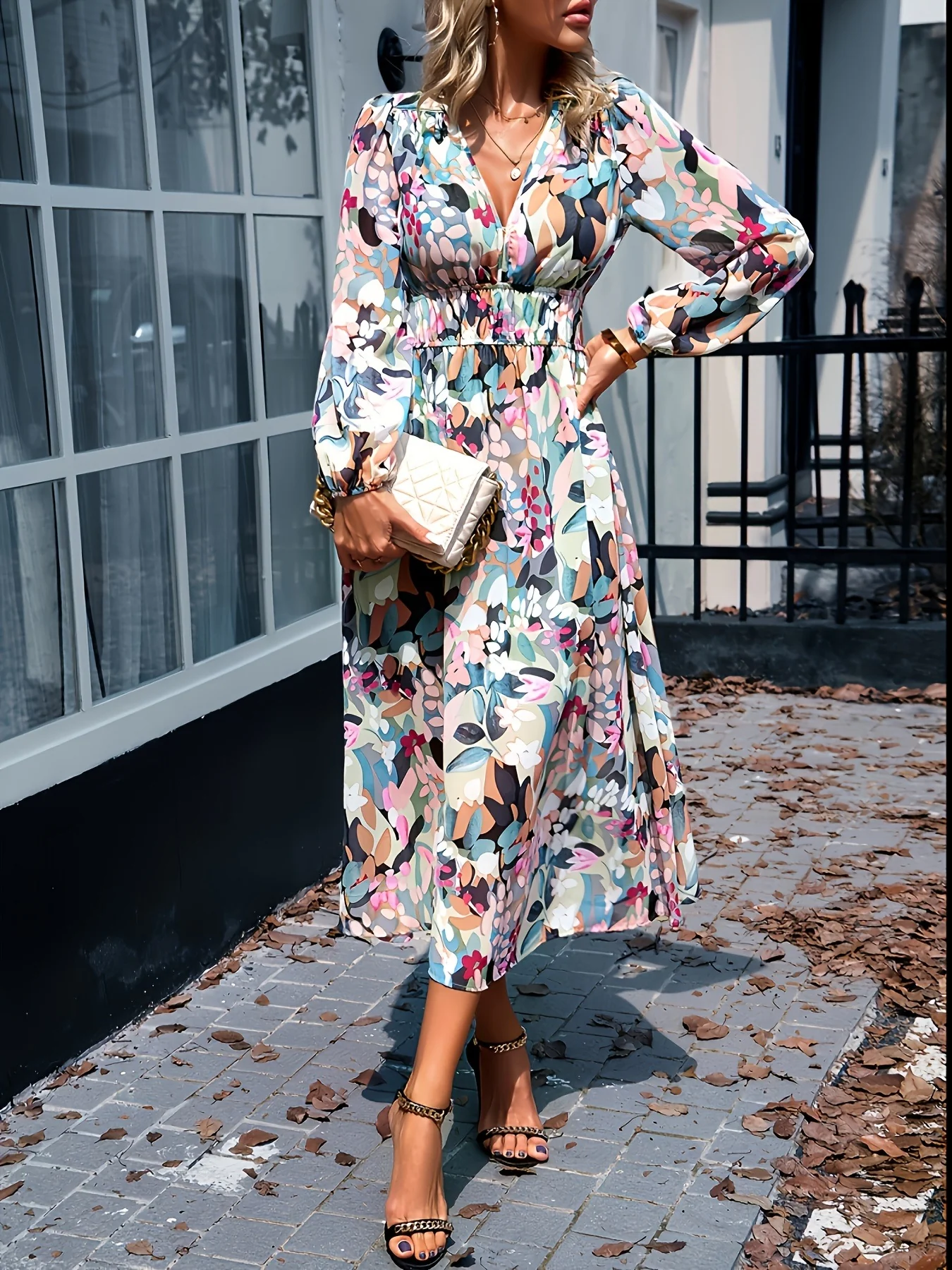 Floral Print Long Sleeve Midi Dress - Image 6