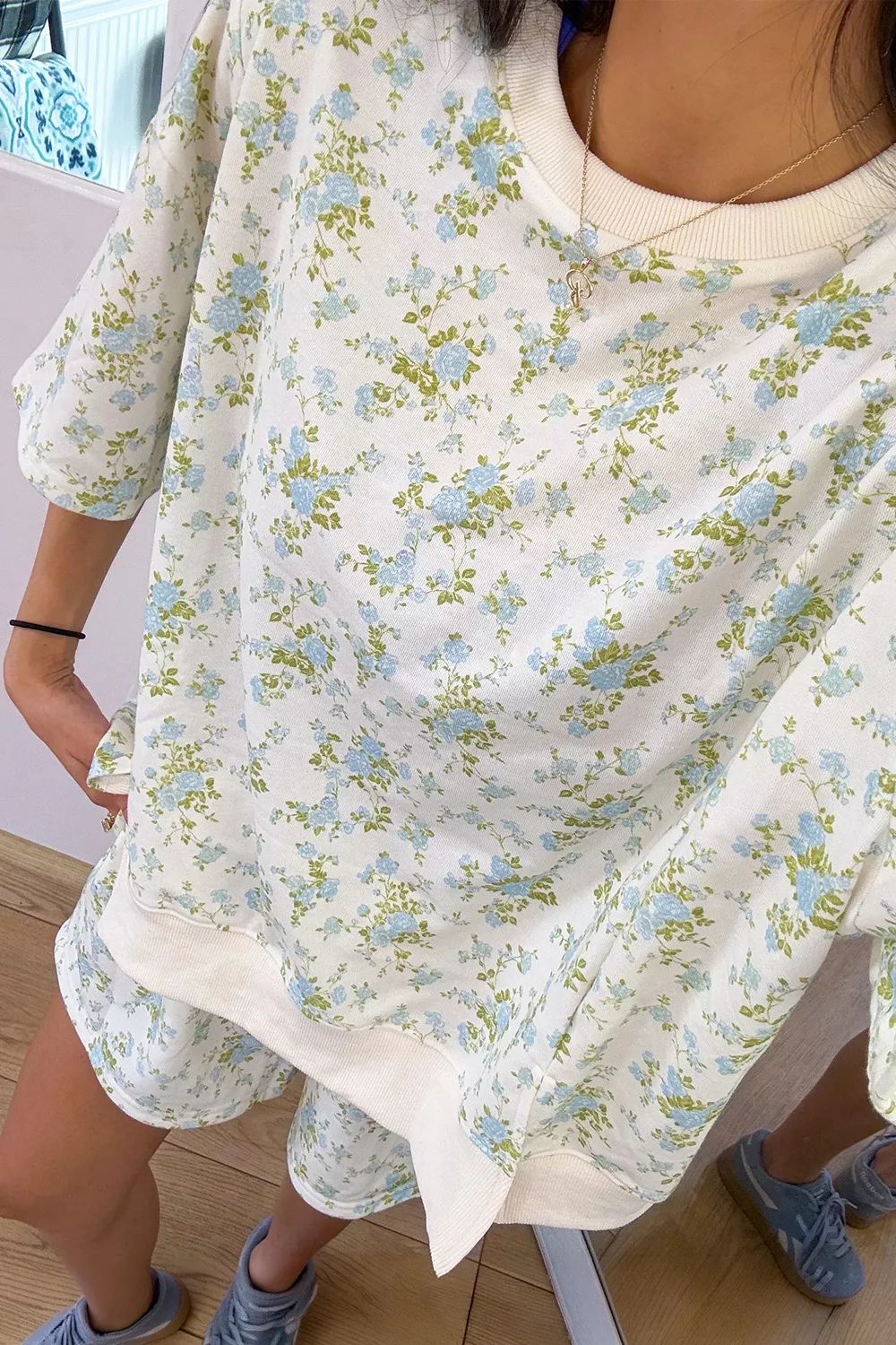 Floral Print Long Sleeve Shift Top Pocketed Shorts 2pcs Set - Image 4