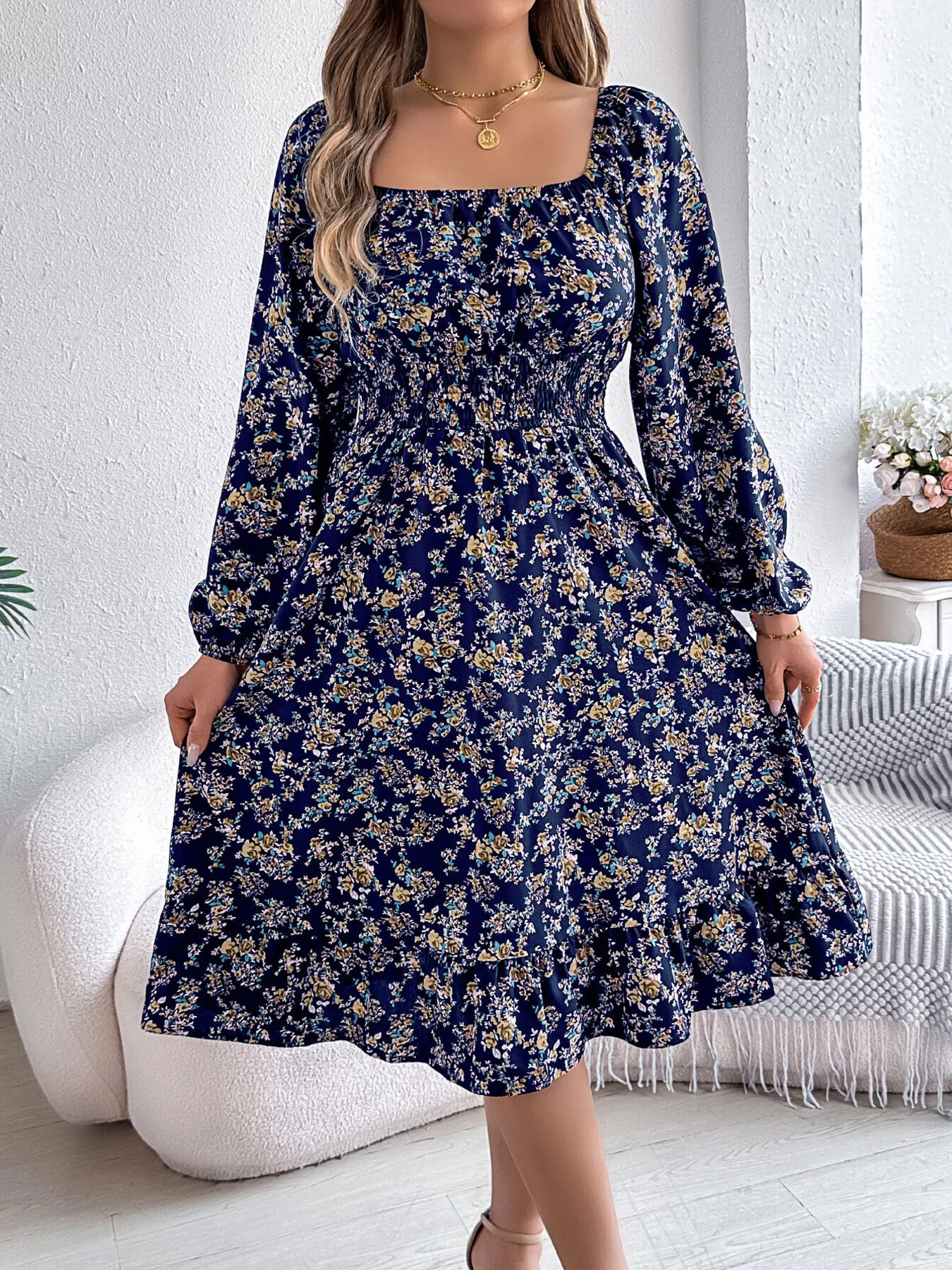 Floral Print Long Sleeve Square Neck Midi Dress