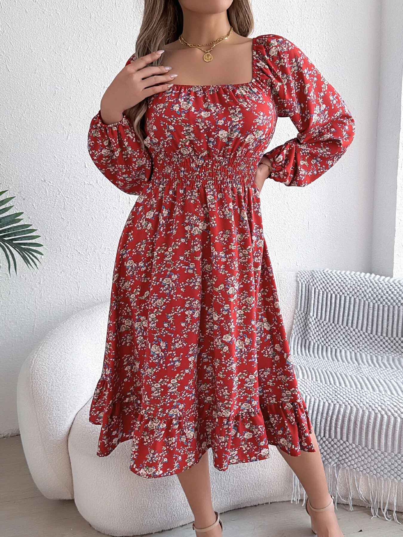 Floral Print Long Sleeve Square Neck Midi Dress - Image 14
