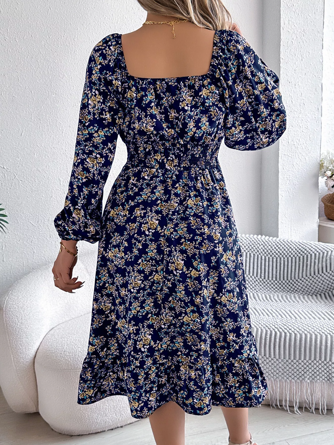 Floral Print Long Sleeve Square Neck Midi Dress - Image 4