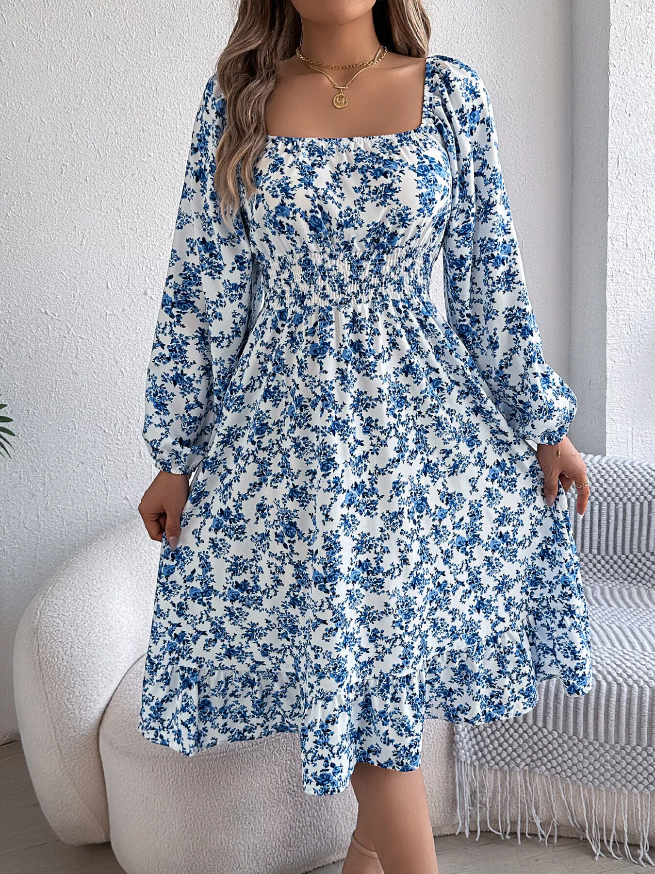 Floral Print Long Sleeve Square Neck Midi Dress - Image 7