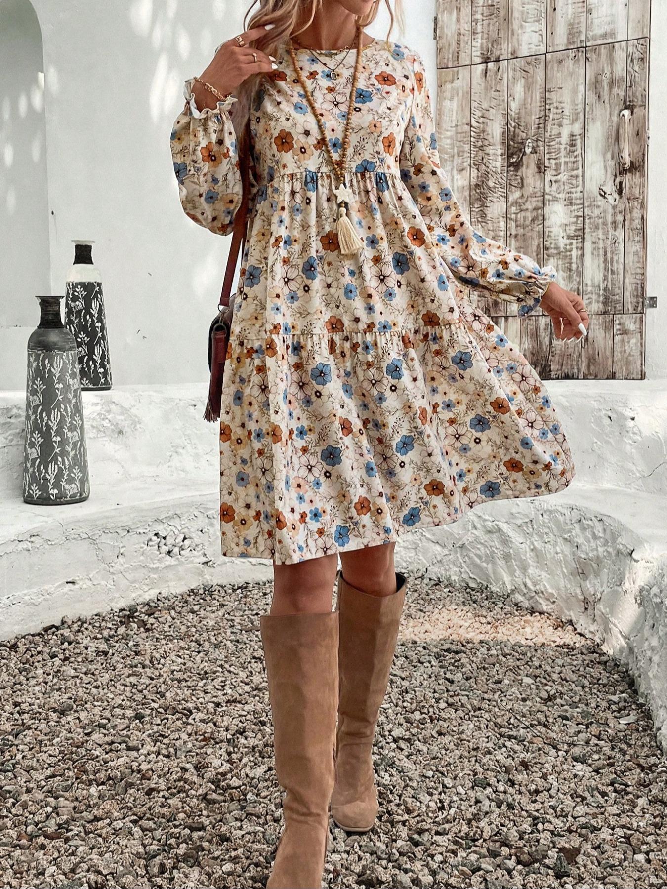 Floral Print Long Sleeve Tiered Dress - Image 6