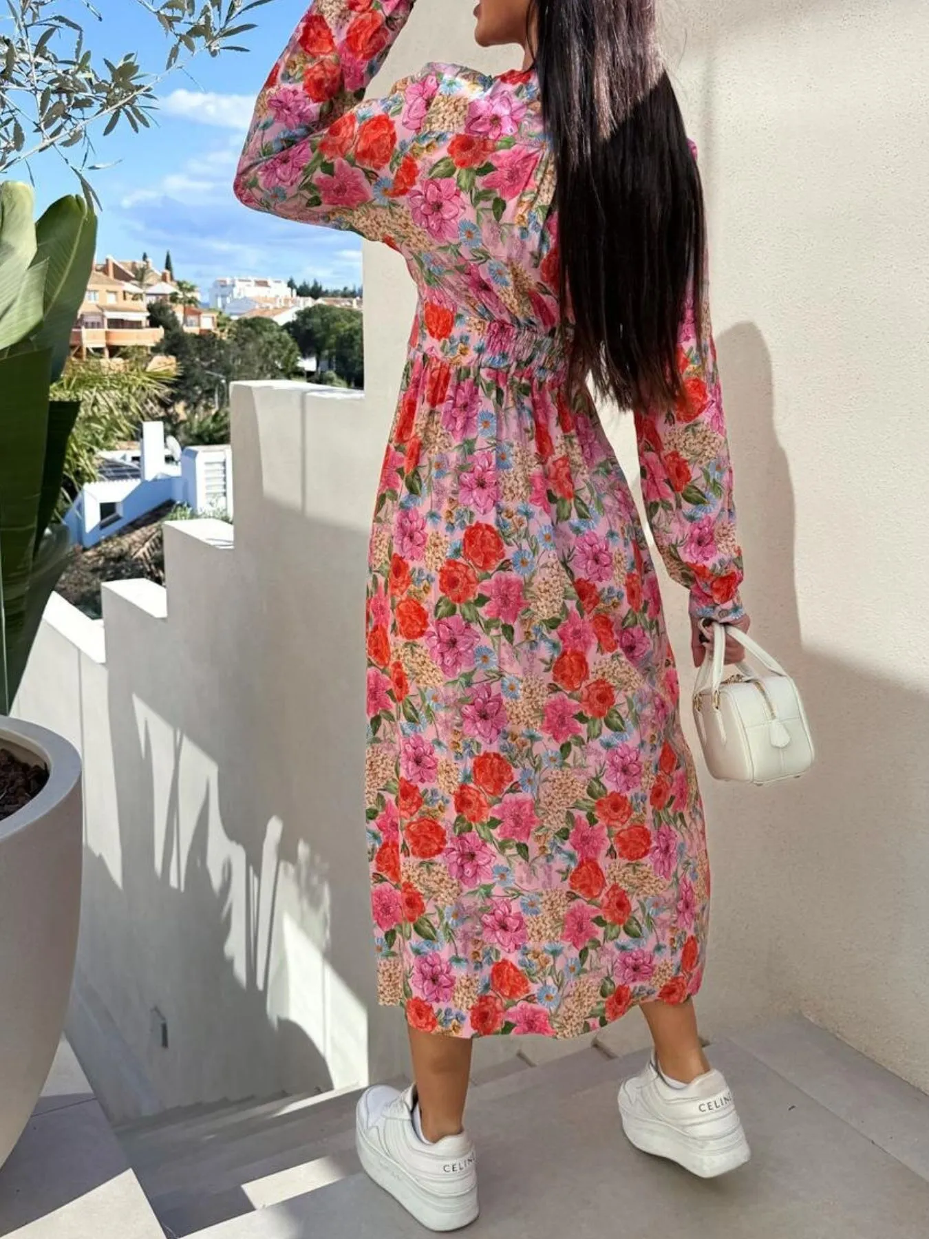 Floral Print Long Sleeve V-Neck Dress - Image 4