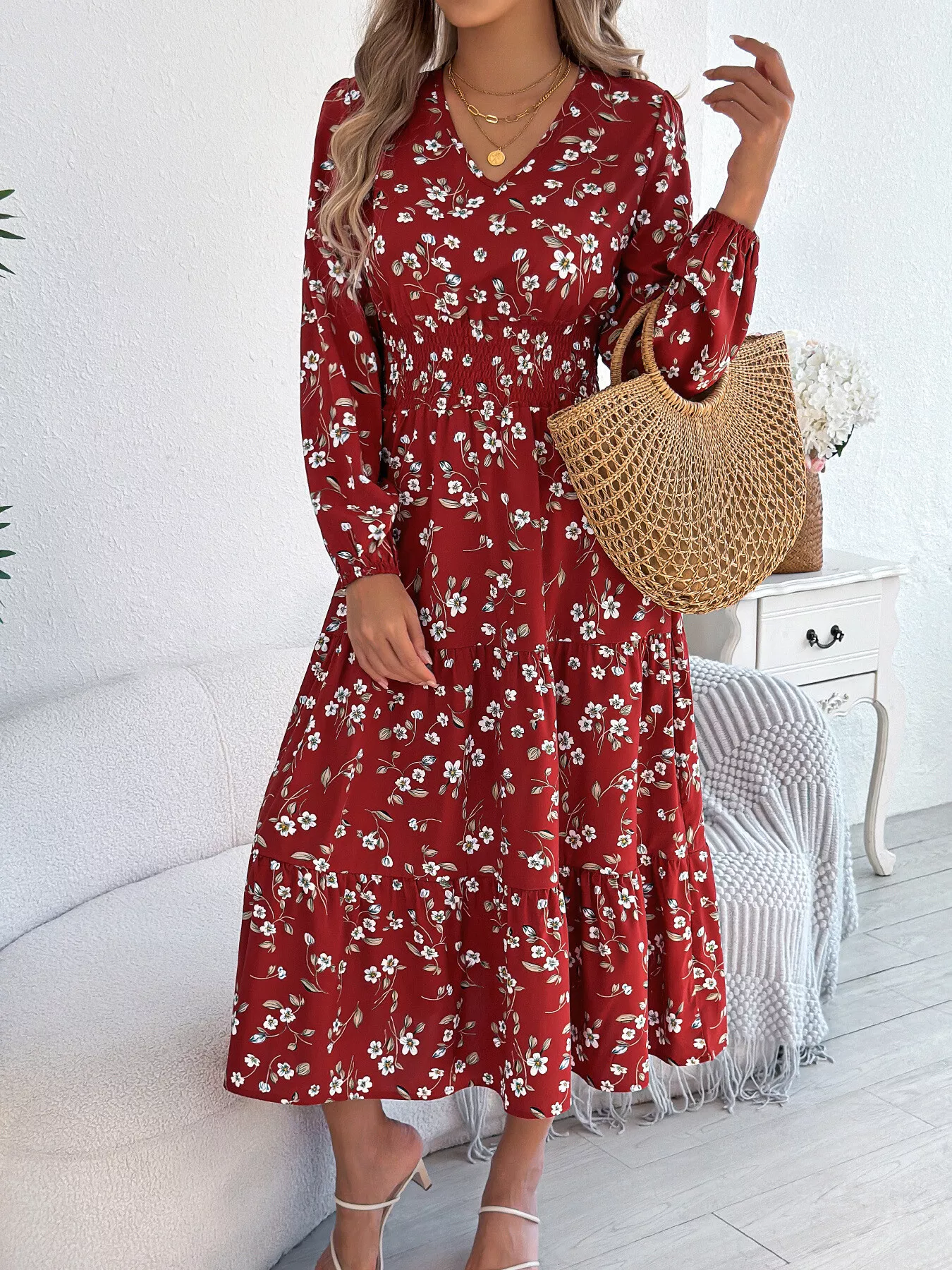 Floral Print Long Sleeve V-Neck Midi Dress - Image 11