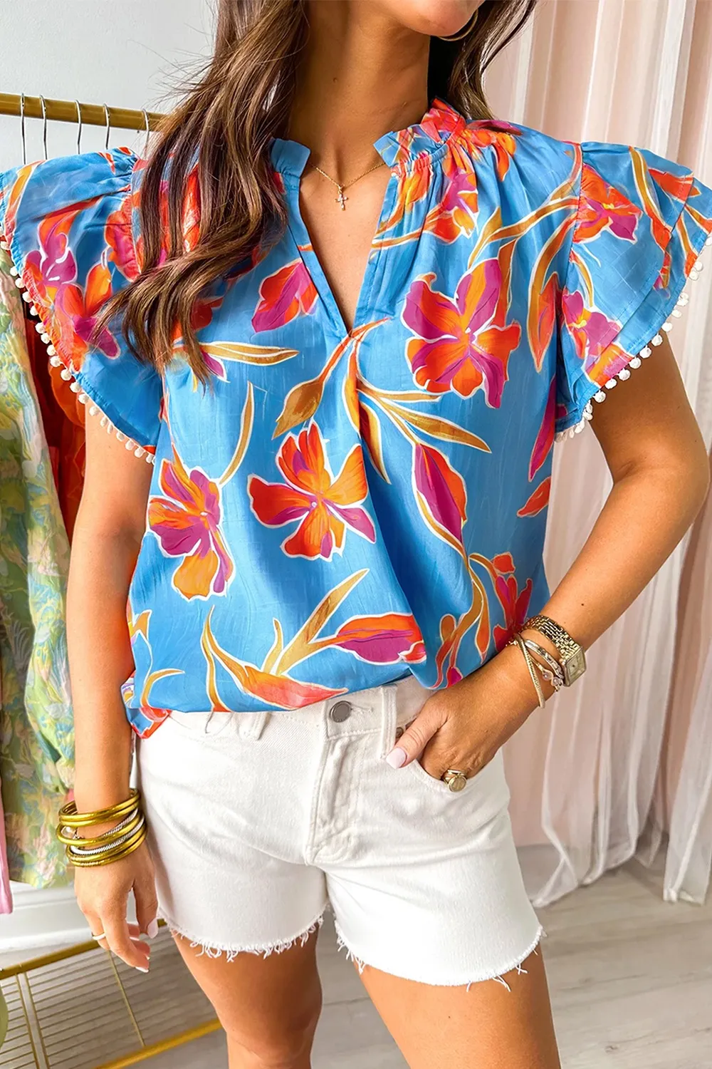 Floral Print Notched Pompom Trim Flutter Sleeve Blouse - Image 2