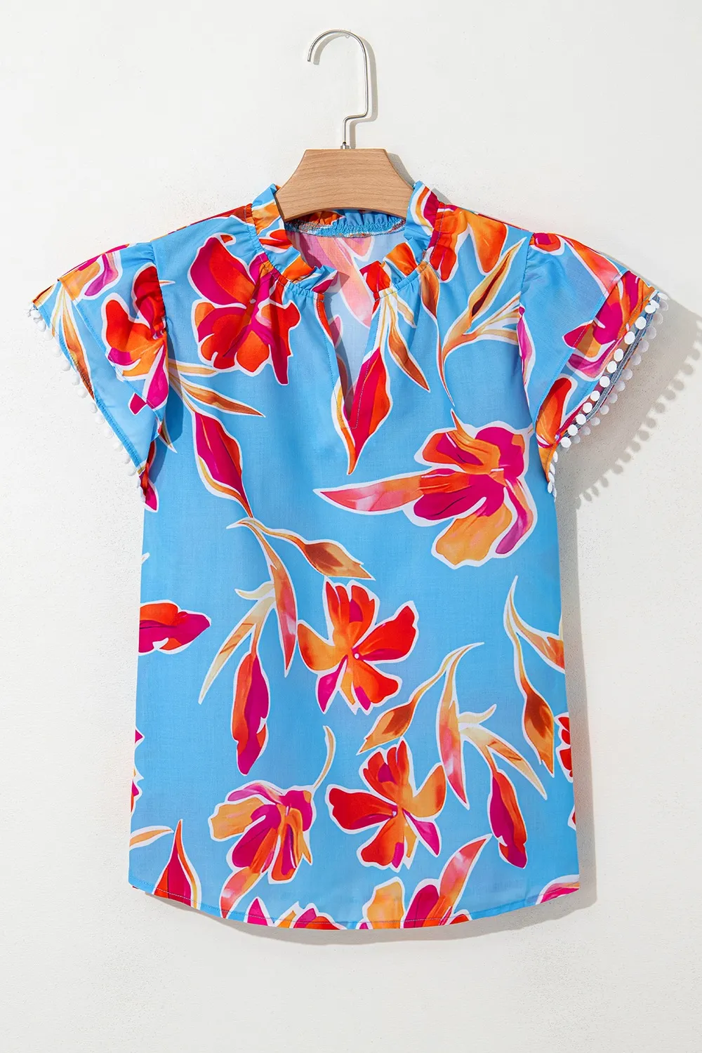 Floral Print Notched Pompom Trim Flutter Sleeve Blouse - Image 3