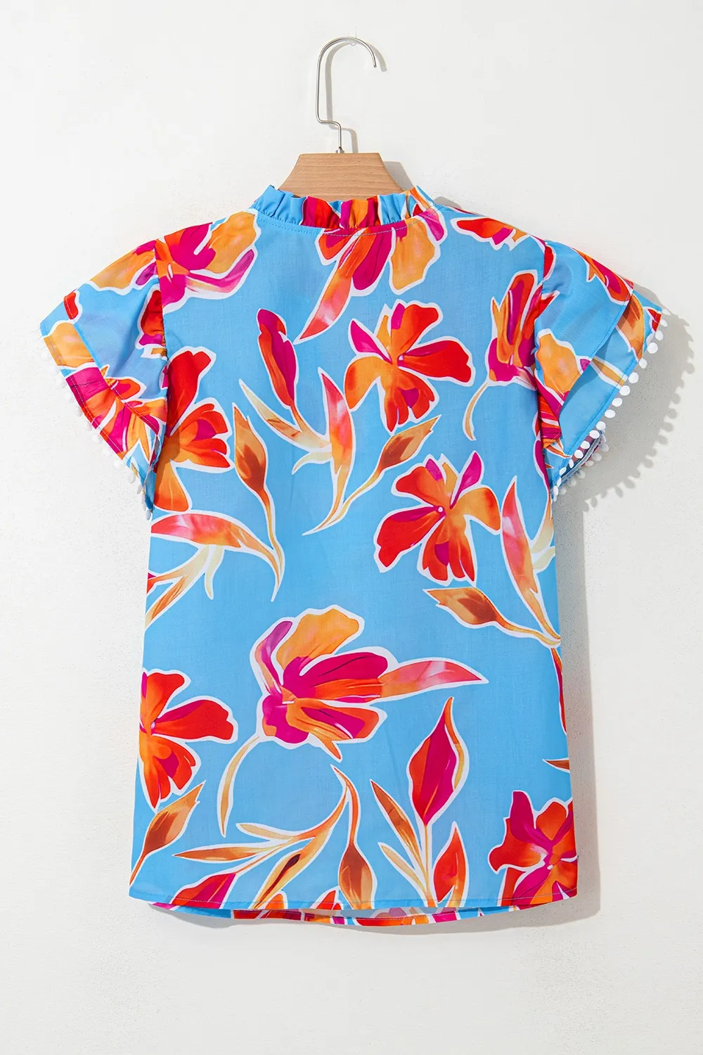 Floral Print Notched Pompom Trim Flutter Sleeve Blouse - Image 4