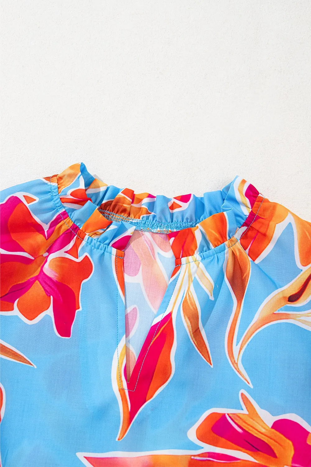 Floral Print Notched Pompom Trim Flutter Sleeve Blouse - Image 5