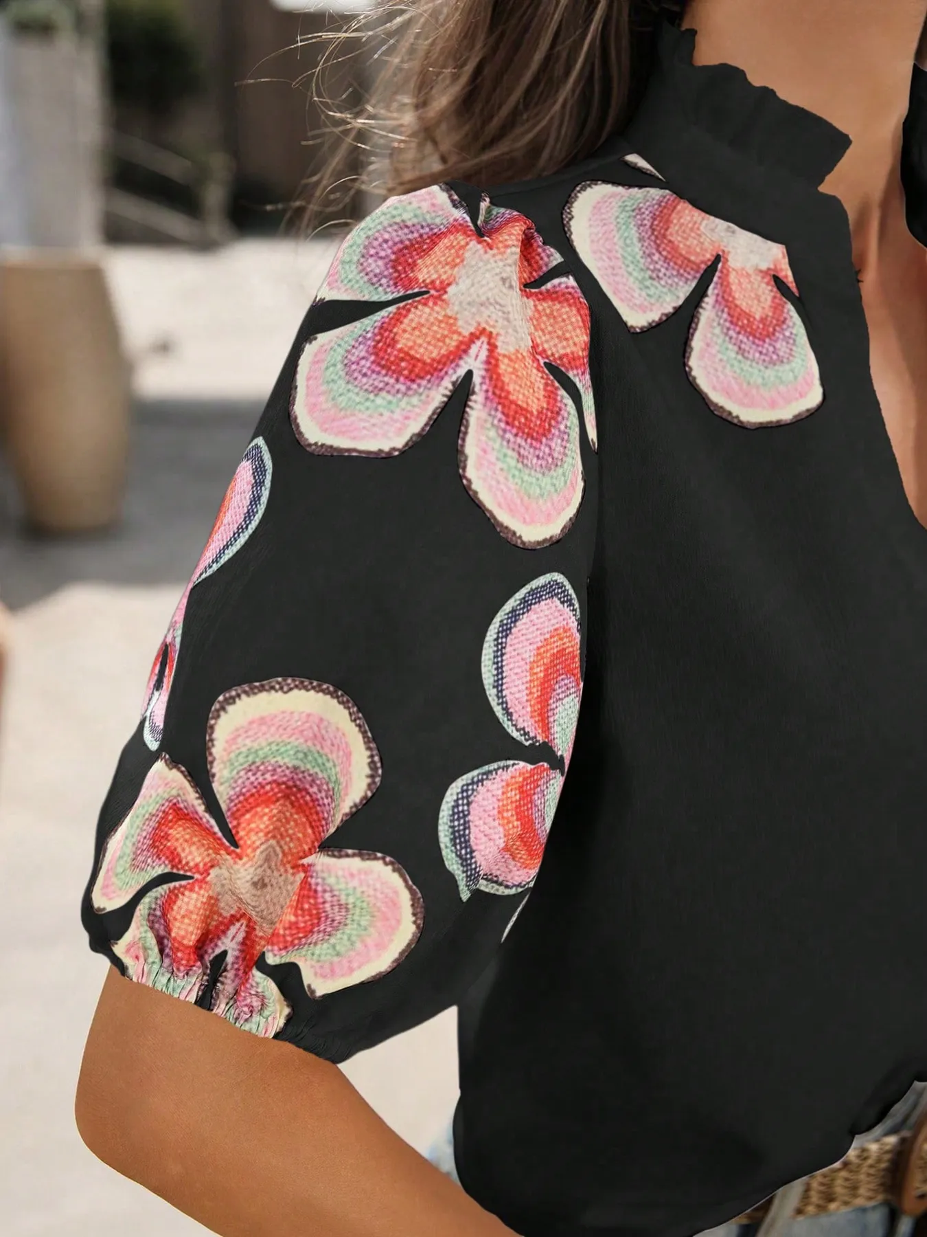 Floral Print Notched Puff Sleeve Blouse - Image 14