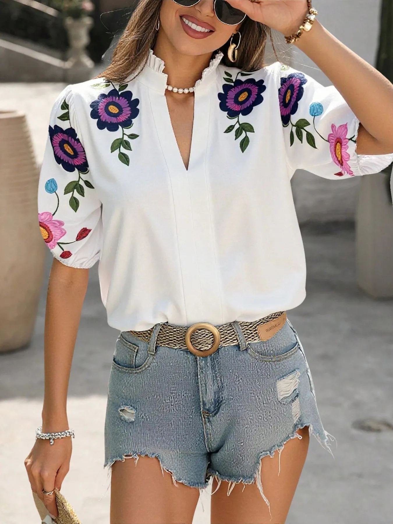 Floral Print Notched Puff Sleeve Blouse - Image 16
